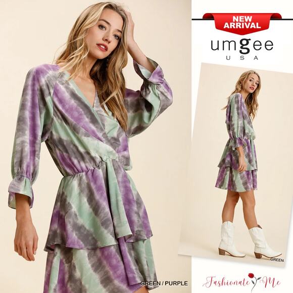 Umgee Tie Dye Print Elastic Waistband Ruffled Layered Mini Dress | Green/Purple - Picture 1 of 5